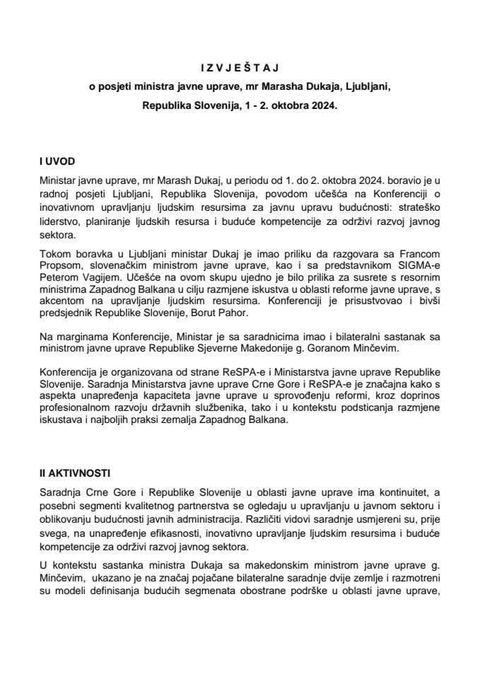 Izvještaj o posjeti ministra javne uprave, mr Marasha Dukaja, Ljubljani, Republika Slovenija, 1−2. oktobar 2024. godine