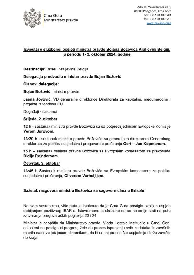 Izvještaj o službenoj posjeti ministra pravde Bojana Božovića Kraljevini Belgiji, u periodu 1−3. oktobar 2024. godine