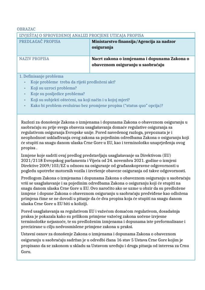 Izvještaj o sprovedenoj analizi procjene uticaja propisa (RIA)