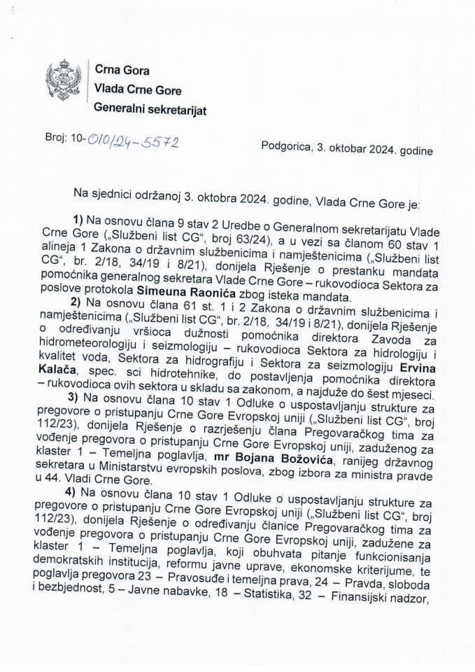 Kadrovska pitanja - 51. sjednica Vlade Crne Gore - zaključci