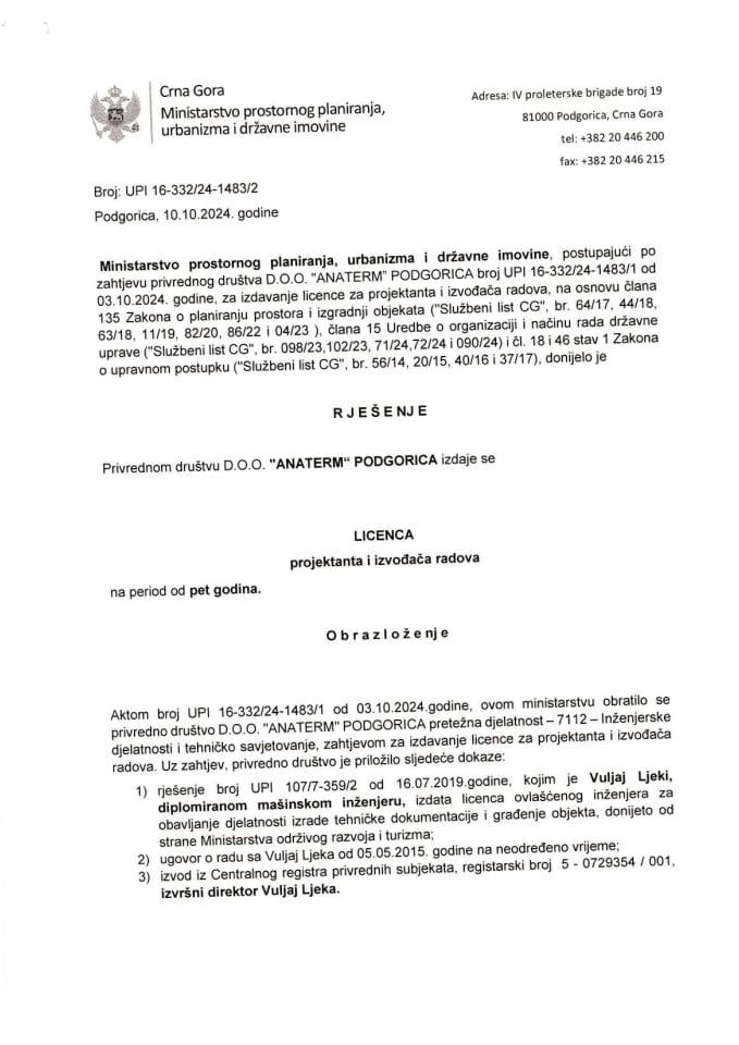 Licence projektanata i izvođača radova - UPI 16-332-24-1483-2 DOO ANATERM