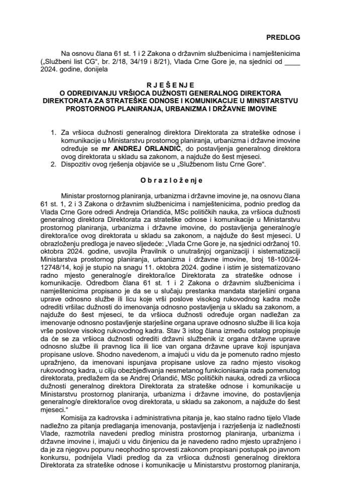 Predlog za određivanje vršioca dužnosti generalnog direktora Direktorata za strateške odnose i komunikacije u Ministarstvu prostornog planiranja, urbanizma i državne imovine