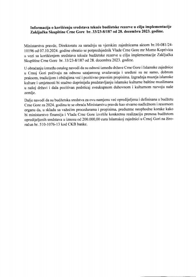 Informacija o korišćenju sredstava Tekuće budžetske rezerve u cilju implementacije Zaključka Skupštine Crne Gore, broj: 33/23-8/187, od 28. decembra 2023. godine