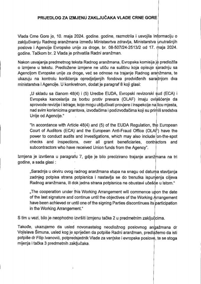 Предлог за измјену Закључака Владе Црне Горе, број: 08-507/24-2513/2, од 17. маја 2024. године