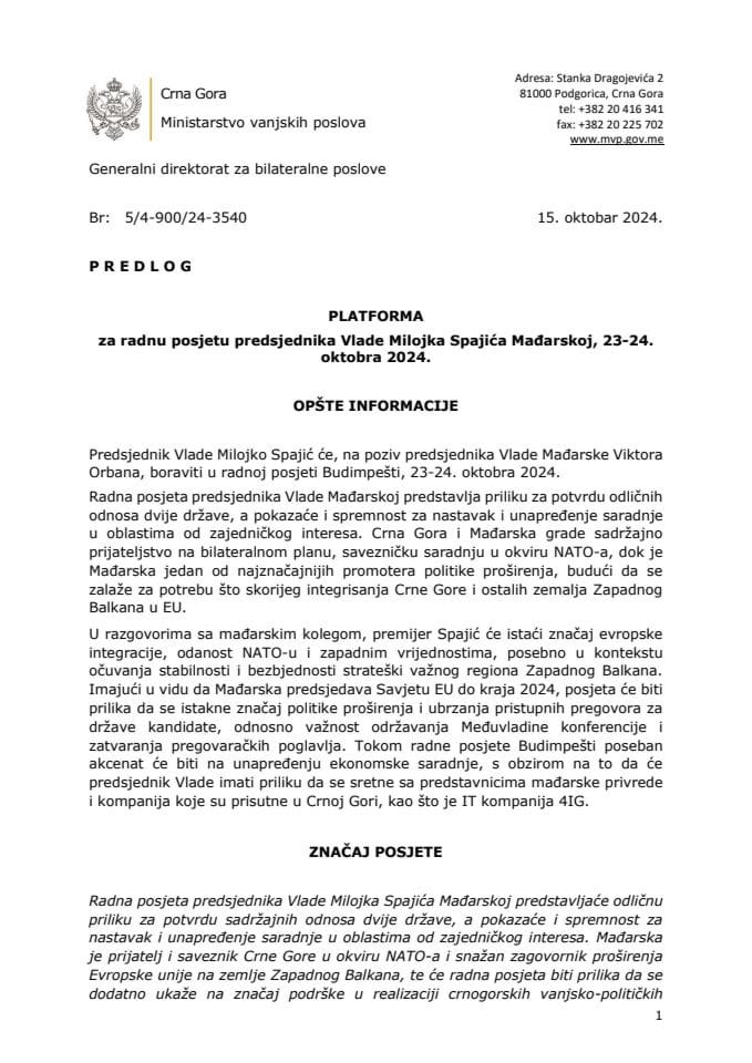 Predlog platforme za radnu posjetu predsjednika Vlade Milojka Spajića Mađarskoj, 23−24. oktobra 2024. godine