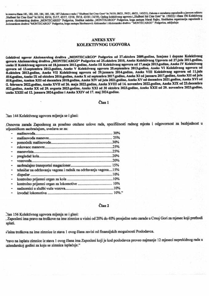 Предлог анекса XXV Колективног уговора АД „Монтецарго“ – Подгорица
