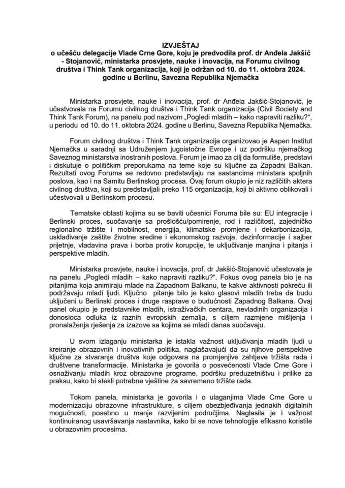 Извјештај о учешћу делегације Владе Црне Горе, коју је предводила проф. др Анђела Јакшић - Стојановић, министарка просвјете, науке и иновација, на Форуму цивилног друштва и Think Tank организација