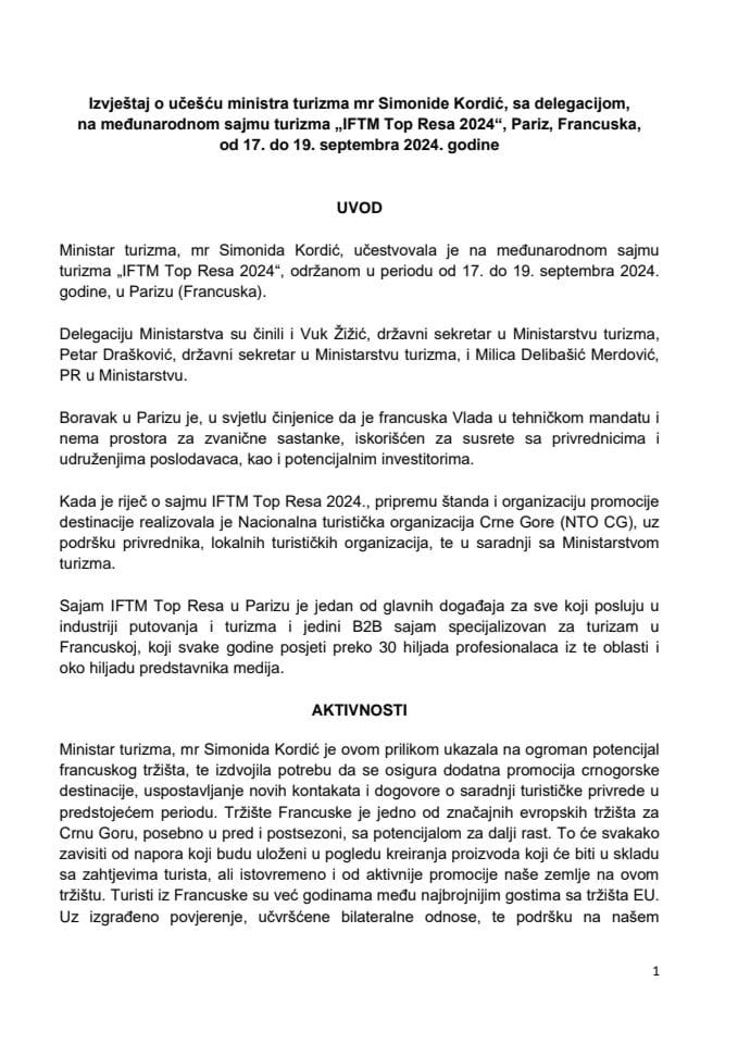 Izvještaj o učešću ministrke turizma mr Simonide Kordić, sa delegacijom, na međunarodnom sajmu turizma „IFTM Top Resa 2024“, Pariz, Francuska, od 17. do 19. septembra 2024. godine