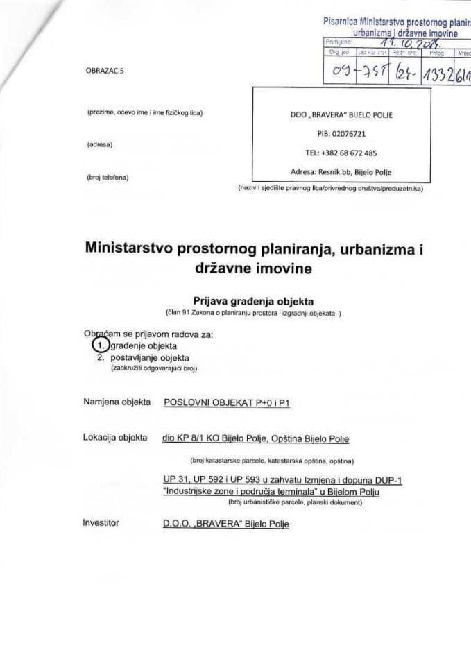Prijava građenja objekta - BRAVERA DOO 09-745-24-13326-1