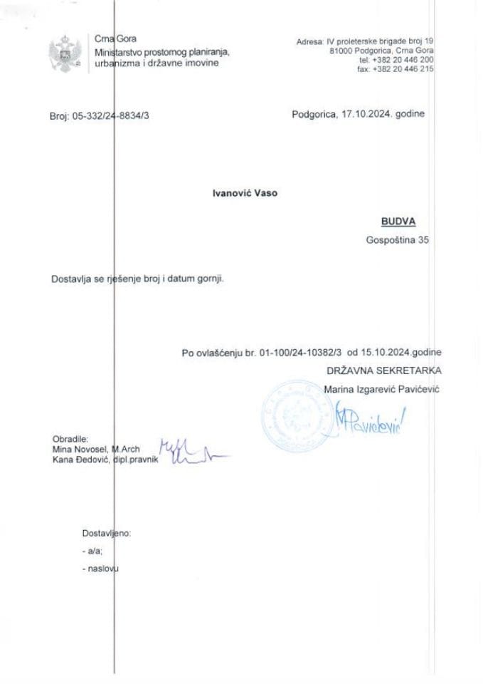 Rješenja glavnog državnog arhitekte - 17.10.2024 Rješenje -Ivanović Vaso -Opština Budva