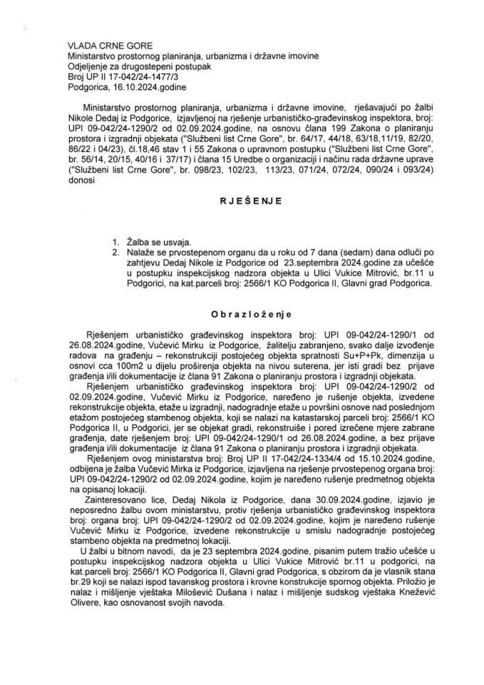 Drugostepena rješenja - 2024. godina - UPII 174-042-24-1477-3 NIKOLA DEDAJ