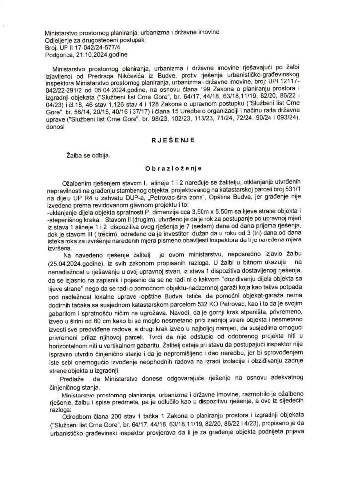 Drugostepena rješenja - UPII 17-042-24-577-4 PREDRAG NIKČEVIĆ