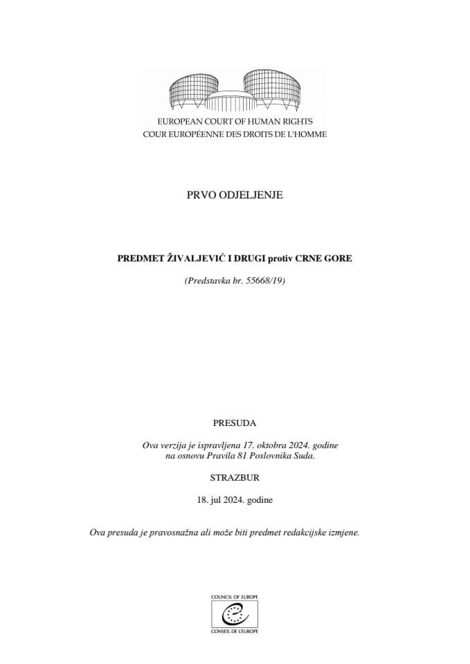 Пресуда ЖИВАЉЕВИЋ И ДРУГИ против ЦРНЕ ГОРЕ