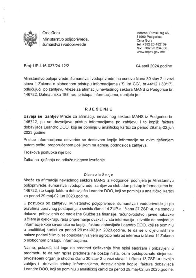 Rješenje usvaja se zahtjev 146722 MANS UP-I-16-037-24-12-2