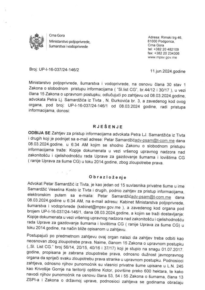 UP-I-16-037-24-146-2 rješenje odbija se zahtjev Petar Samardžić