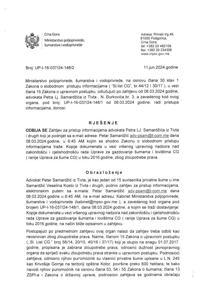 up-i-16-037-24-148-2 rješenje odbija se zahtjev Petar Samardžić