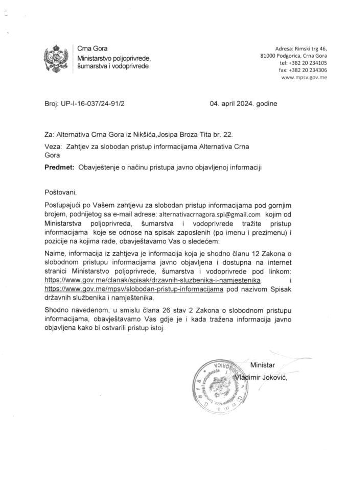 Obavještenje UP-I-16-037-24-91-2 Alternativa Crna Gora