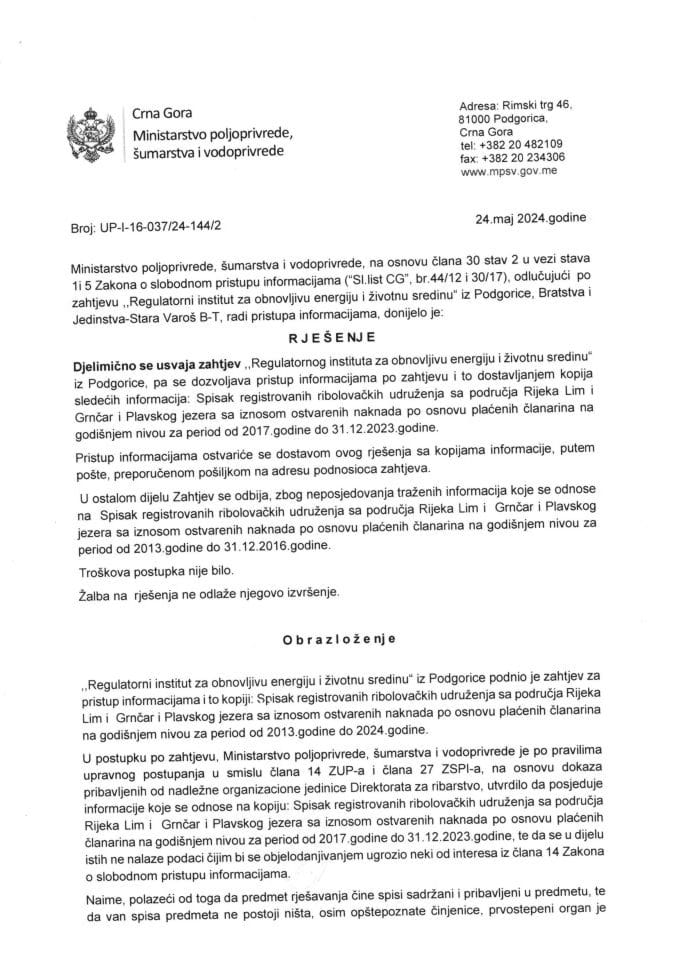 Rješenje UP-I-16-037-24-144-2 Regulatorni institut za obnovljivu energiju i životnu sredinu