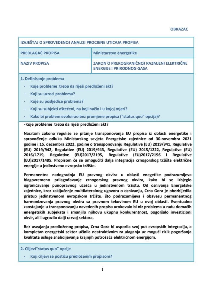 RIA obrazac - Nacrt zakona o prekograničnoj razmjeni električne energije i prorodnog gasa