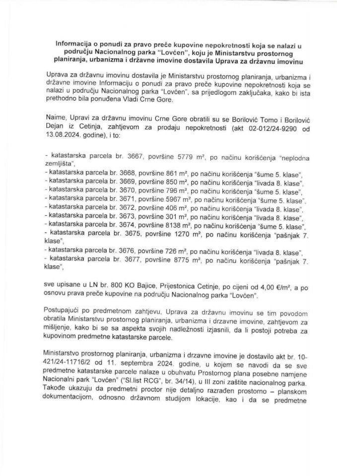 Информација о понуди за право прече куповине непокретности која се налази у подручју Националног парка „Ловћен“ (подносиоци захтјева Бориловић Томо и Бориловић Дејан из Цетиња) (без расправе)