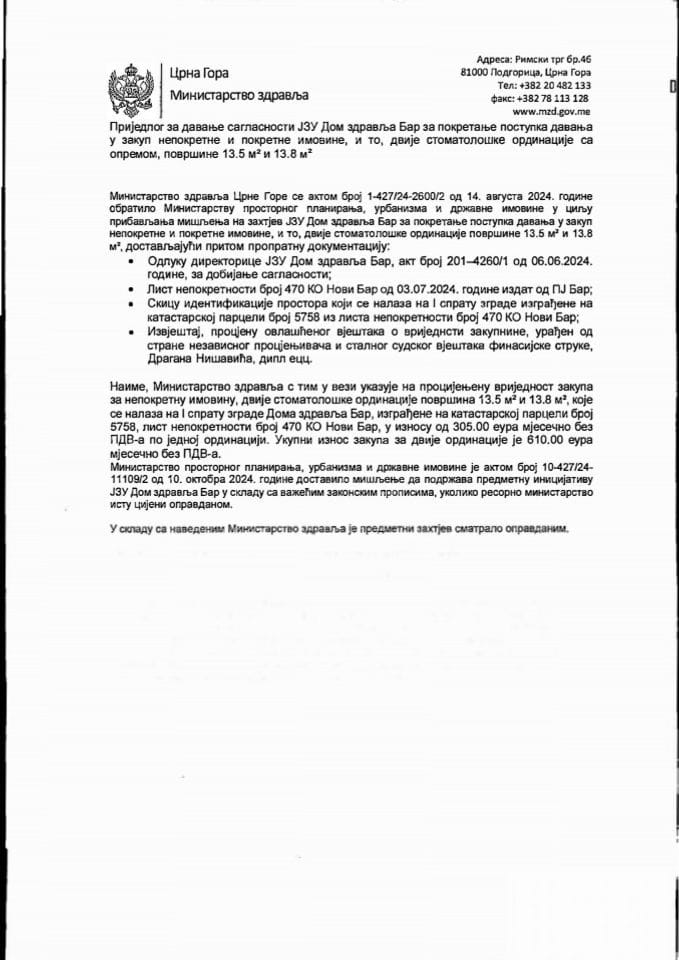 Предлог за давање сагласности ЈЗУ Дом здравља Бар за покретање поступка давања у закуп непокретне и покретне имовине, и то, двије стоматолошке ординације са опремом, површине 13.5 m2 и 13.8 m2 (без расправе)