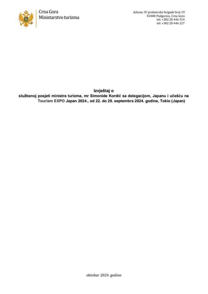 Извјештај о службеној посјети министарке туризма, мр Симониде Кордић са делегацијом, Јапану и учешћу на Tourism EXPO Јапан 2024., од 22. до 29. септембра 2024. године, Токио (Јапан)