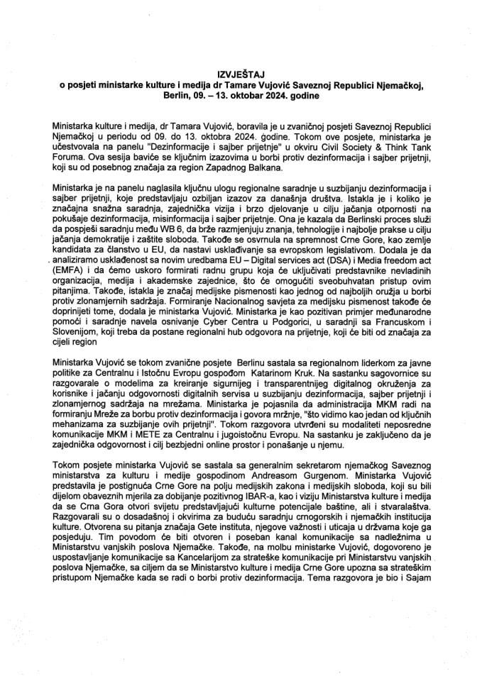 Извјештај о посјети министарке културе и медија др Тамаре Вујовић Савезној Републици Њемачкој, Берлин, 9−13. октобар 2024. године