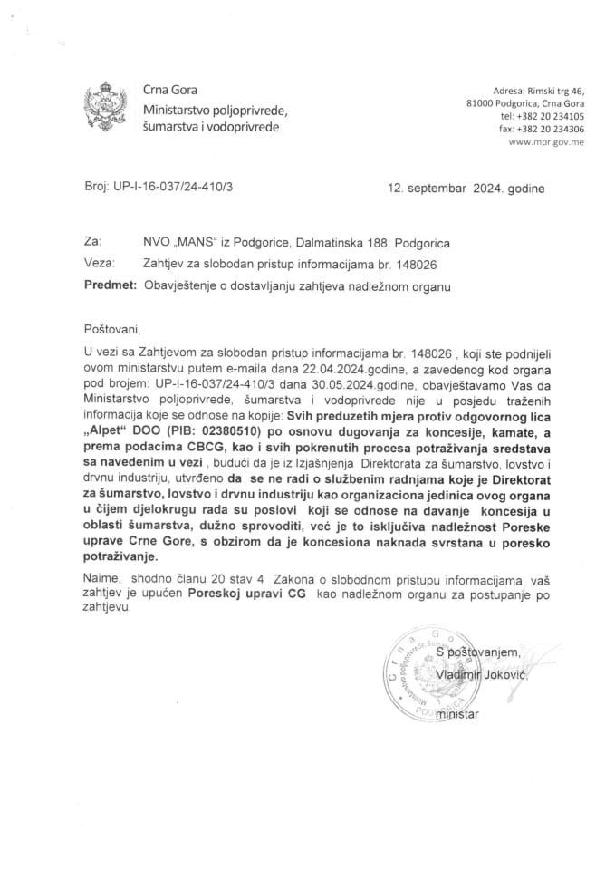 Obavještenje o dostavljanju UP-I-16-037-24-410-3 MANS 148026