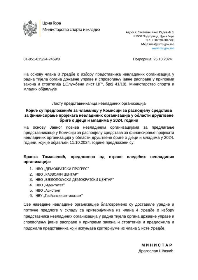 Листу представника/ица НВО Комисији за расподјелу средстава за финансирање пројеката невладиних организација у области друштвене бриге о дјеци и младима