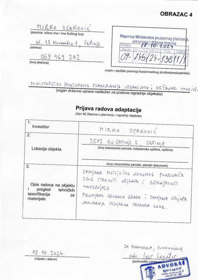 Prijava radova adaptacije - MIRKO DŽAKOVIĆ 09-745-24-13811-1