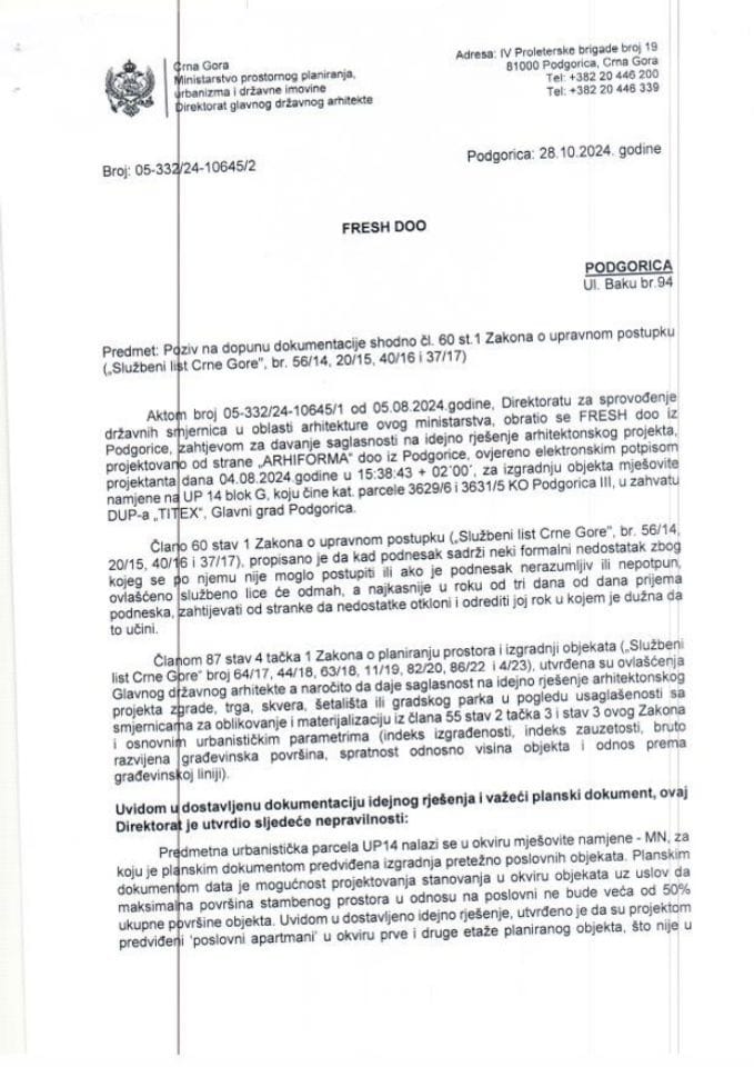 Obavještenja - Saglasnosti glavnog državnog arhitekte - 28.10.2024 Obavještenje -FRESH DOO, Podgorica -Glavni grad Podgorica