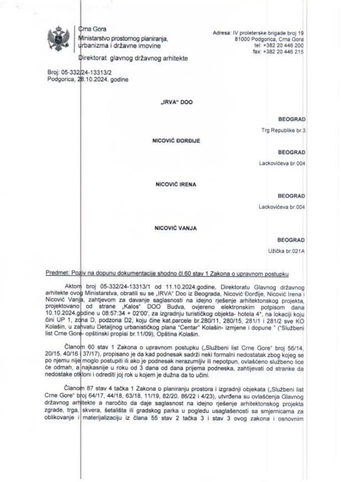 Obavještenja - Saglasnosti glavnog državnog arhitekte - 28.10.2024 Obavještenje -IRVA DOO-Beograd, Nicović Đorđije, Nicović Irena i Nicović Vanja -Opština Kolašin