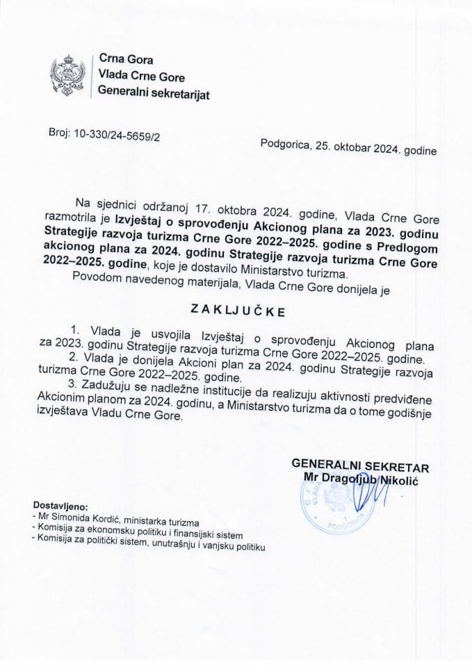 Извјештај о спровођењу Акционог плана за 2023. годину Стратегије развоја туризма Црне Горе 2022-2025. године с Предлогом акционог плана за 2024. годину Стратегије развоја туризма Црне Горе 2022-2025. године - закључци