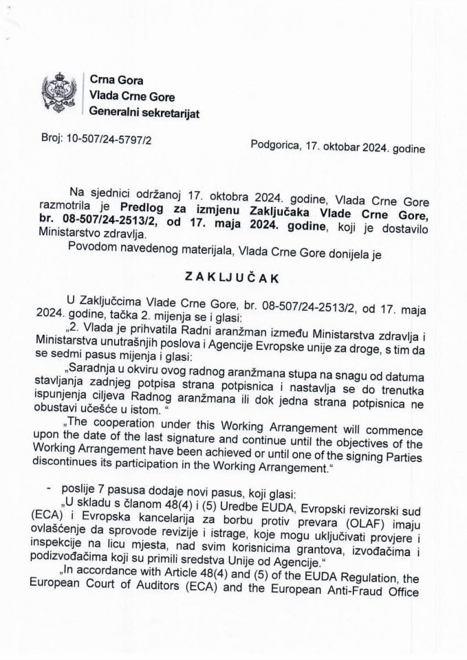 Предлог за измјену Закључака Владе Црне Горе, број: 08-507/24-2513/2, од 17. маја 2024. године - закључци