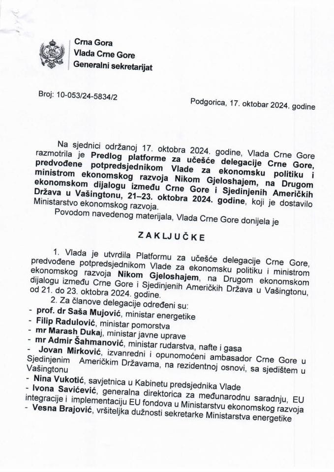 Предлог платформе за учешће делегације Црне Горе предвођене потпредсједником Владе за економску политику и министром економског развоја Nikom Gjeloshajem  - закључци