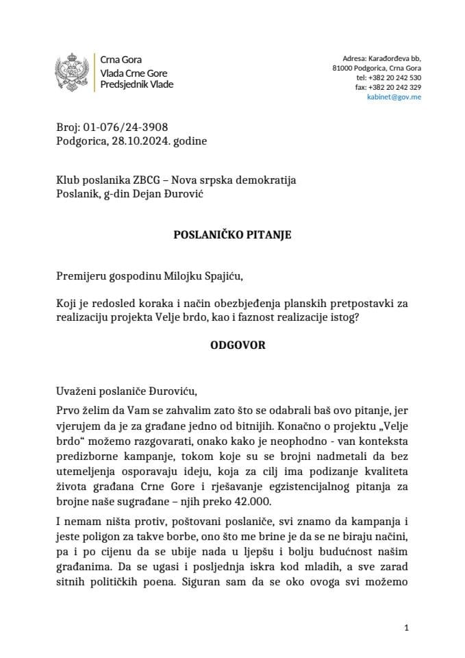 Premijerski sat: Odgovor predsjednika Vlade Milojka Spajića na poslaničko pitanje Dejana Đurovića