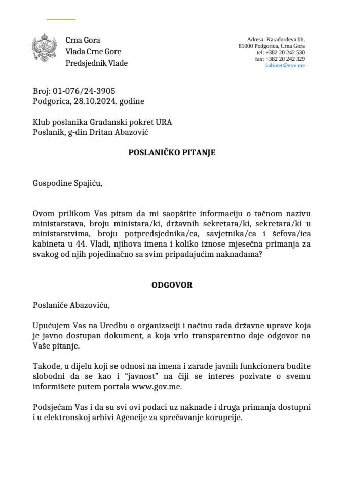 Premijerski sat: Odgovor predsjednika Vlade Milojka Spajića na poslaničko pitanje Dritana Abazovića