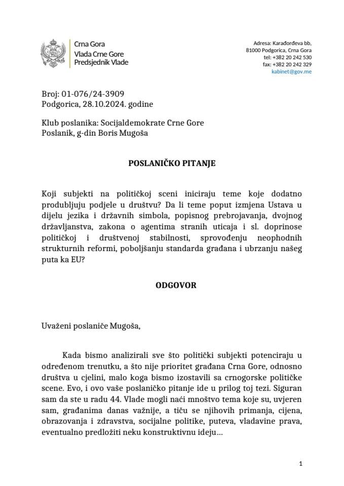 Premijerski sat: Odgovor predsjednika Vlade Milojka Spajića na poslaničko pitanje Borisa Mugoše