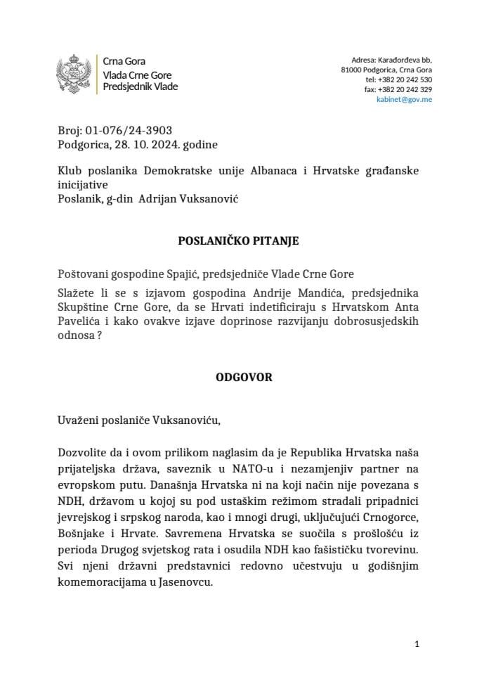 Premijerski sat: Odgovor predsjednika Vlade Milojka Spajića na poslaničko pitanje Adrijana Vuksanovića