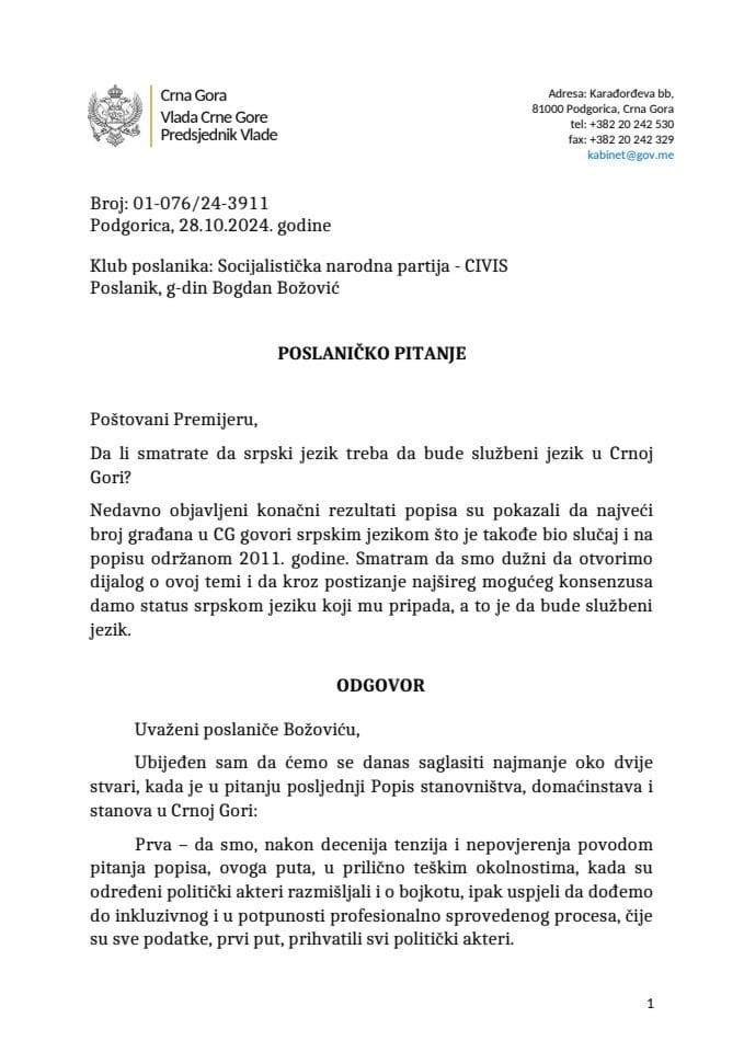 Premijerski sat: Odgovor predsjednika Vlade Milojka Spajića na poslaničko pitanje Bogdana Božovića