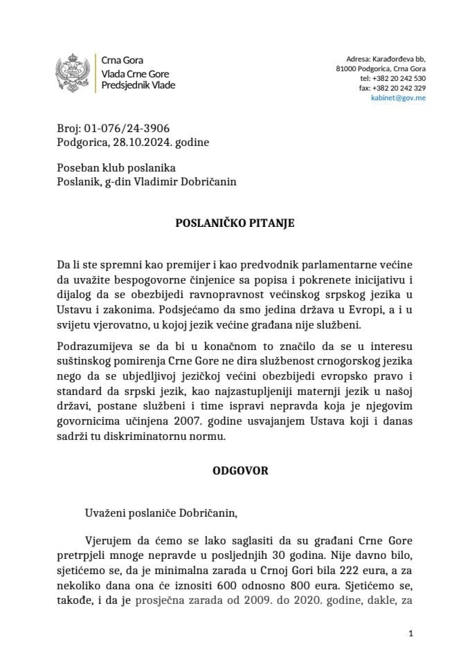 Premijerski sat: Odgovor predsjednika Vlade Milojka Spajića na poslaničko pitanje Vladimira Dobričanina