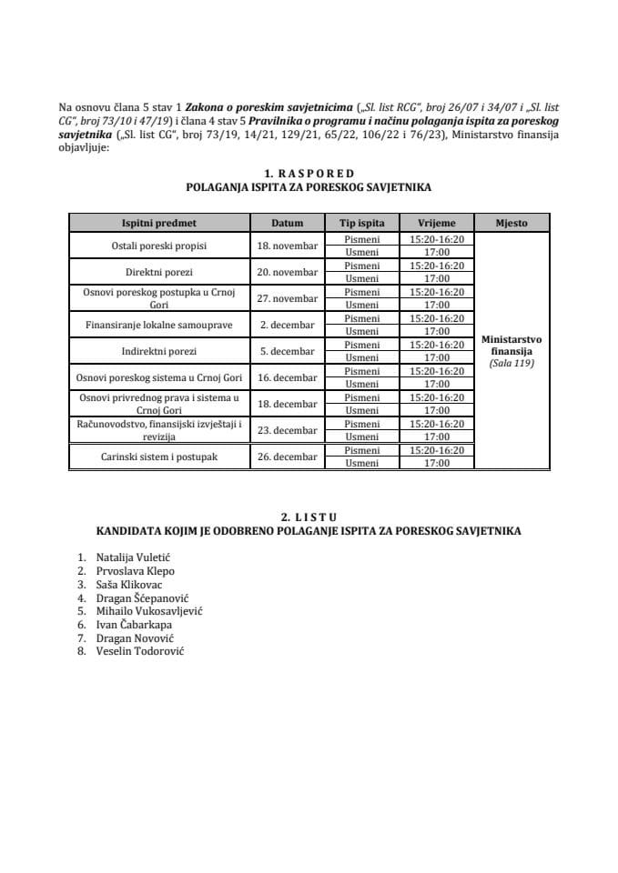 Raspored polaganja ispita i lista kandidata kojim je odobreno polaganje ispita za poreskog savjetnika