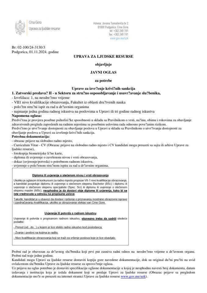 Javni oglas, Uprava za izvršenje krivičnih sankcija 01.11.2024. godine