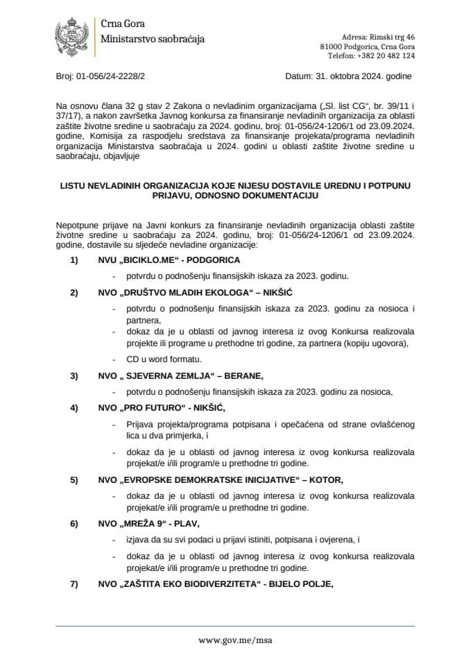 Листа НВО организација које нијесу доставиле уредну и потпуну пријаву, односно документацију