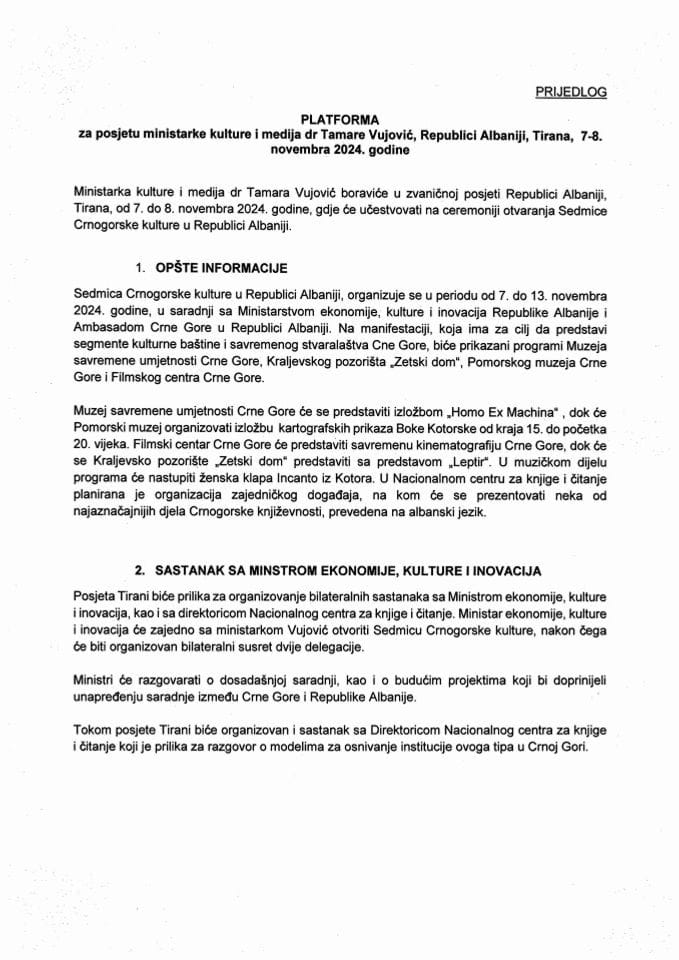 Predlog platforme za posjetu ministarke kulture i medija dr Tamare Vujović Republici Albaniji, Tirana, 7 – 8. novembra 2024. godine