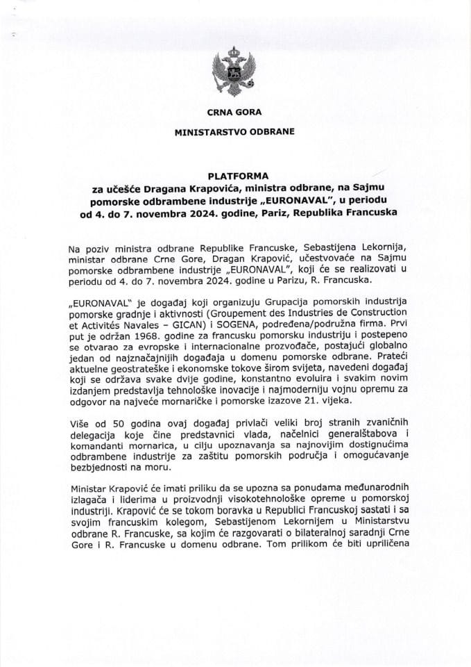 Predlog platforme za učešće Dragana Krapovića, ministra odbrane, na Sajmu pomorske odbrambene industrije „EURONAVAL”, u periodu od 4. do 7. novembra 2024. godine, Pariz, Republika Francuska