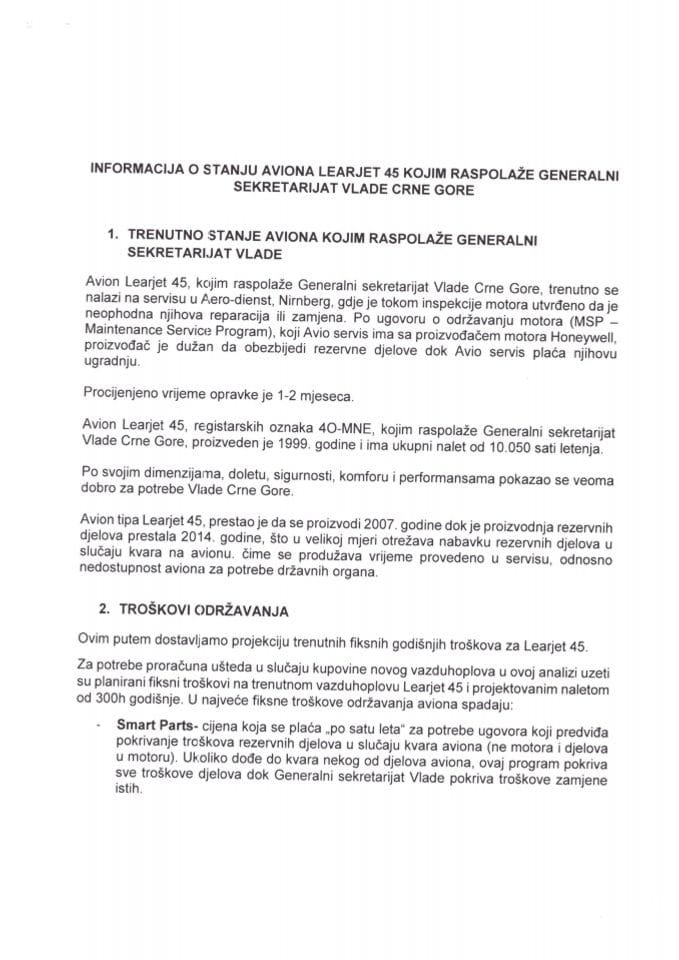 Informacija o stanju aviona Learjet 45 kojim raspolaže Generalni sekretarijat Vlade Crne Gore