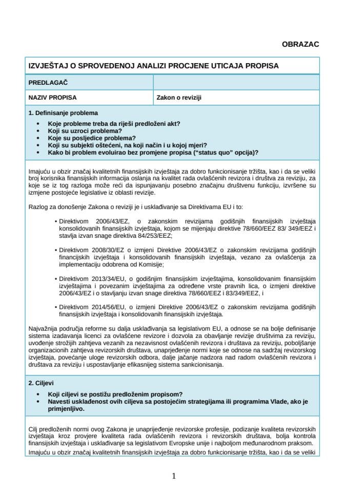 Извјештај о спроведеној анализи процјене утицаја прописа (РИА)