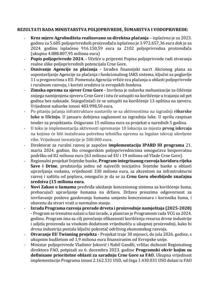 Rezultati rada Ministarstva poljoprivrede, šumarstva i vodoprivrede