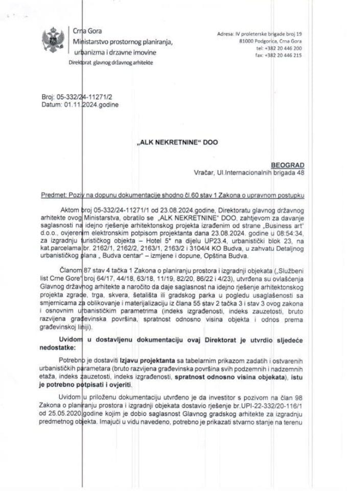 Obavještenja - Saglasnosti glavnog državnog arhitekte - 01.11.2024 Obavještenje -ALK NEKRETNINE DOO, Beograd -Opština Budva